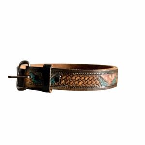 Vintage Tooled Leather Belt – Southwestern Motif – Made in USA